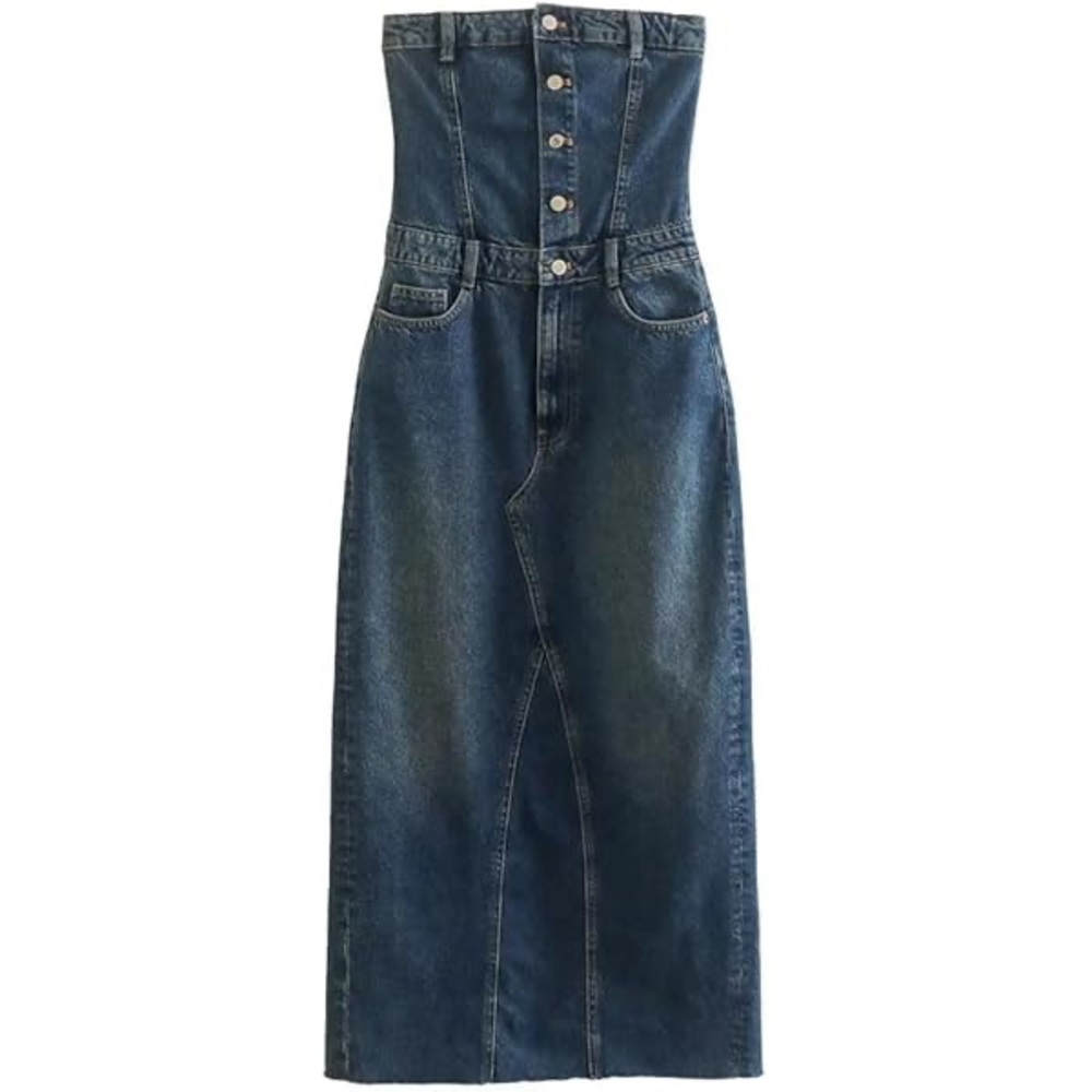 Strapless Button-Front Maxi Denim Dress - Blue - Picture 2 of 5